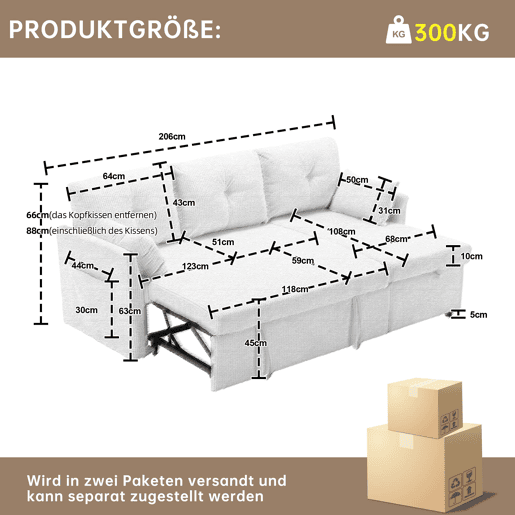 Sofá-cama multifuncional de 3 lugares - com arrumação, chaise longue intercambiável, preto