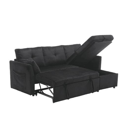 Sofá-cama multifuncional de 3 lugares - com arrumação, chaise longue intercambiável, preto