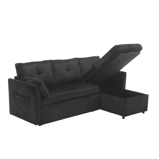 Sofá-cama multifuncional de 3 lugares - com arrumação, chaise longue intercambiável, preto