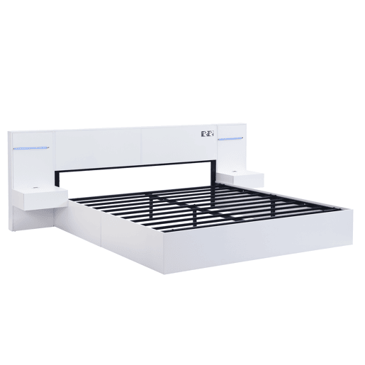 Cama de casal 160x200cm - com USB, relógio eletrónico, altifalante Bluetooth, luz LED, colchão integrado e 2 mesas de cabeceira - branco