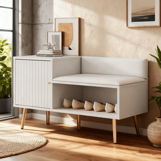 Sapateira Com Banco Estofado Moderno De Estilo Nórdico, Com Porta E Prateleira Aberta Para Armazenamento Versátil. Estrutura Robusta Com Pés Metálicos Dourados E Assento Confortável Em Branco, Ideal Para Entrada Ou Quarto