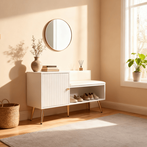 Sapateira Com Banco Estofado Moderno De Estilo Nórdico, Com Porta E Prateleira Aberta Para Armazenamento Versátil. Estrutura Robusta Com Pés Metálicos Dourados E Assento Confortável Em Branco, Ideal Para Entrada Ou Quarto