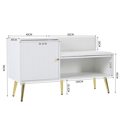 Sapateira Com Banco Estofado Moderno De Estilo Nórdico, Com Porta E Prateleira Aberta Para Armazenamento Versátil. Estrutura Robusta Com Pés Metálicos Dourados E Assento Confortável Em Branco, Ideal Para Entrada Ou Quarto