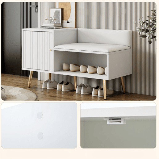 Sapateira Com Banco Estofado Moderno De Estilo Nórdico, Com Porta E Prateleira Aberta Para Armazenamento Versátil. Estrutura Robusta Com Pés Metálicos Dourados E Assento Confortável Em Branco, Ideal Para Entrada Ou Quarto