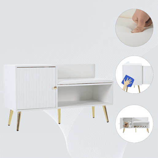 Sapateira Com Banco Estofado Moderno De Estilo Nórdico, Com Porta E Prateleira Aberta Para Armazenamento Versátil. Estrutura Robusta Com Pés Metálicos Dourados E Assento Confortável Em Branco, Ideal Para Entrada Ou Quarto