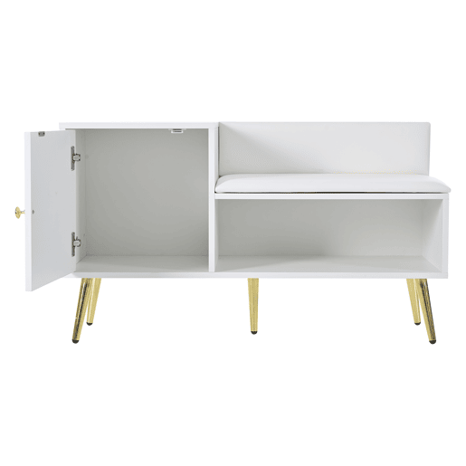 Sapateira Com Banco Estofado Moderno De Estilo Nórdico, Com Porta E Prateleira Aberta Para Armazenamento Versátil. Estrutura Robusta Com Pés Metálicos Dourados E Assento Confortável Em Branco, Ideal Para Entrada Ou Quarto