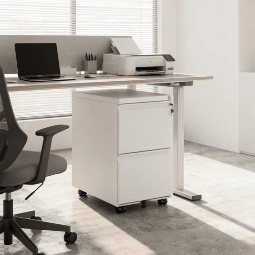 Gaveteiro Metálico de Escritório com 2 Gavetas e Fechadura Central, Cor Branca, com Rodas Giratórias e Design Compacto. Perfeito para Organizar Documentos, Pastas A4 ou Materiais de Trabalho em Casa ou Escritório