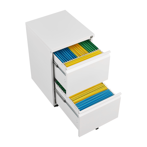 Gaveteiro Metálico de Escritório com 2 Gavetas e Fechadura Central, Cor Branca, com Rodas Giratórias e Design Compacto. Perfeito para Organizar Documentos, Pastas A4 ou Materiais de Trabalho em Casa ou Escritório