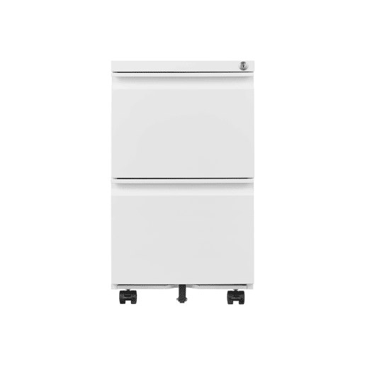Gaveteiro Metálico de Escritório com 2 Gavetas e Fechadura Central, Cor Branca, com Rodas Giratórias e Design Compacto. Perfeito para Organizar Documentos, Pastas A4 ou Materiais de Trabalho em Casa ou Escritório
