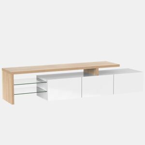 Móvel De TV Moderno Com Espaço Amplo De Armazenamento, Portas Basculantes E Prateleiras De Vidro. Design Escandinavo Elegante Com Acabamento Em Carvalho E Branco Brilhante. Ideal Para Sala De Estar E Área De Lazer