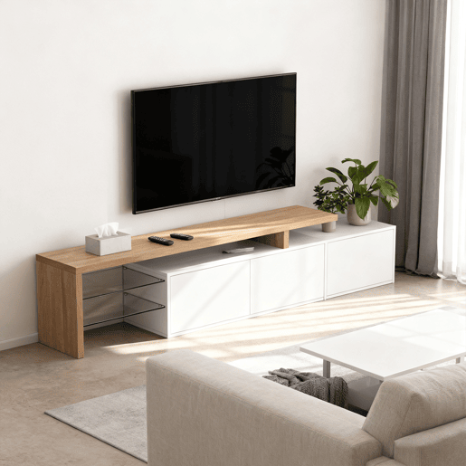 Móvel De TV Moderno Com Espaço Amplo De Armazenamento, Portas Basculantes E Prateleiras De Vidro. Design Escandinavo Elegante Com Acabamento Em Carvalho E Branco Brilhante. Ideal Para Sala De Estar E Área De Lazer