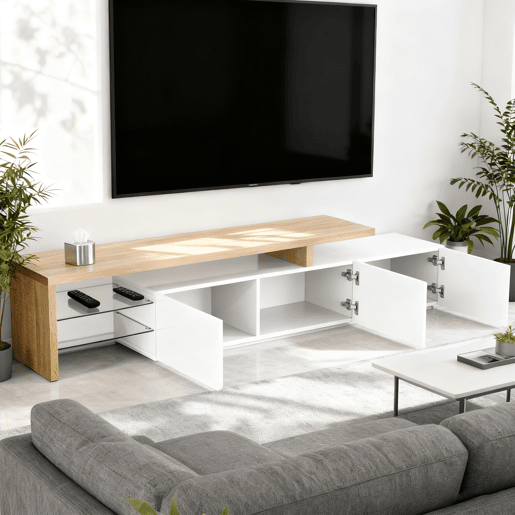 Móvel De TV Moderno Com Espaço Amplo De Armazenamento, Portas Basculantes E Prateleiras De Vidro. Design Escandinavo Elegante Com Acabamento Em Carvalho E Branco Brilhante. Ideal Para Sala De Estar E Área De Lazer