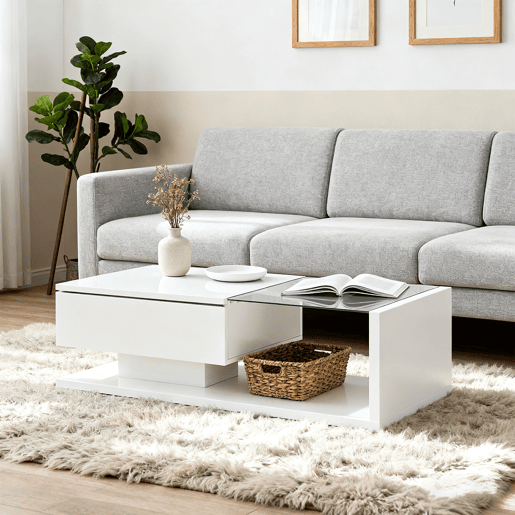 Mesa De Centro Moderna Com Gaveta Deslizante E Prateleira Aberta, Design Minimalista Em Acabamento Branco Brilhante De Alta Qualidade. Ideal Para Sala De Estar Contemporânea, Une Estilo, Praticidade E Espaço De Armazenamento