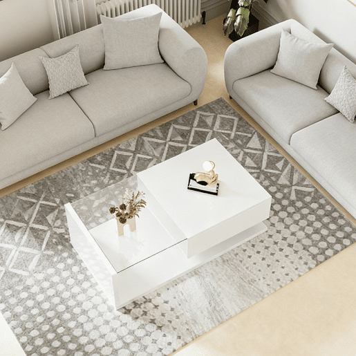 Mesa De Centro Moderna Com Gaveta Deslizante E Prateleira Aberta, Design Minimalista Em Acabamento Branco Brilhante De Alta Qualidade. Ideal Para Sala De Estar Contemporânea, Une Estilo, Praticidade E Espaço De Armazenamento