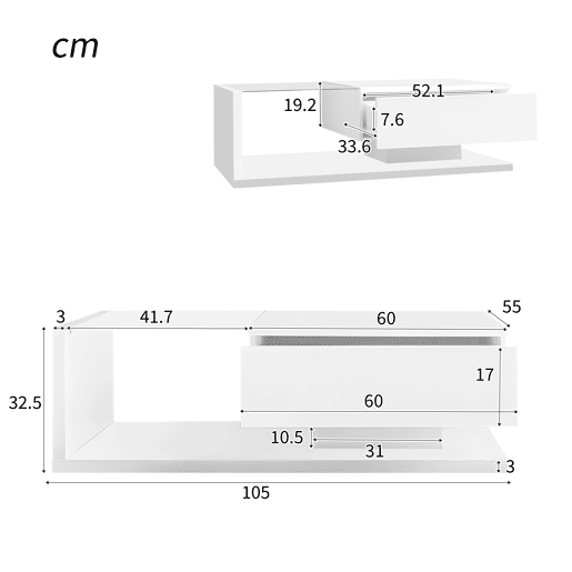 Mesa De Centro Moderna Com Gaveta Deslizante E Prateleira Aberta, Design Minimalista Em Acabamento Branco Brilhante De Alta Qualidade. Ideal Para Sala De Estar Contemporânea, Une Estilo, Praticidade E Espaço De Armazenamento