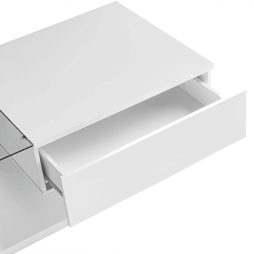 Mesa De Centro Moderna Com Gaveta Deslizante E Prateleira Aberta, Design Minimalista Em Acabamento Branco Brilhante De Alta Qualidade. Ideal Para Sala De Estar Contemporânea, Une Estilo, Praticidade E Espaço De Armazenamento