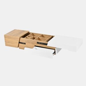 Mesa De Centro Moderna Com Gavetas Deslizantes E Compartimentos Ocultos, Design Contemporâneo Em Carvalho E Branco Brilhante. Ideal Para Sala De Estar Ou Escritório, Unindo Elegância, Praticidade E Grande Capacidade De Armazenamento