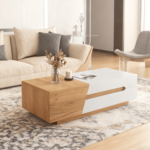 Mesa De Centro Moderna Com Gavetas Deslizantes E Compartimentos Ocultos, Design Contemporâneo Em Carvalho E Branco Brilhante. Ideal Para Sala De Estar Ou Escritório, Unindo Elegância, Praticidade E Grande Capacidade De Armazenamento