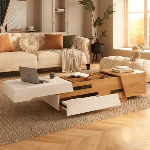 Mesa De Centro Moderna Com Gavetas Deslizantes E Compartimentos Ocultos, Design Contemporâneo Em Carvalho E Branco Brilhante. Ideal Para Sala De Estar Ou Escritório, Unindo Elegância, Praticidade E Grande Capacidade De Armazenamento