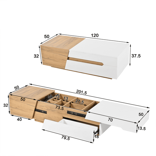 Mesa De Centro Moderna Com Gavetas Deslizantes E Compartimentos Ocultos, Design Contemporâneo Em Carvalho E Branco Brilhante. Ideal Para Sala De Estar Ou Escritório, Unindo Elegância, Praticidade E Grande Capacidade De Armazenamento