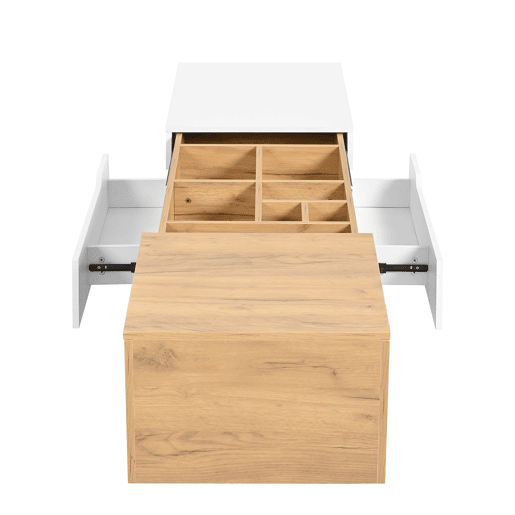 Mesa De Centro Moderna Com Gavetas Deslizantes E Compartimentos Ocultos, Design Contemporâneo Em Carvalho E Branco Brilhante. Ideal Para Sala De Estar Ou Escritório, Unindo Elegância, Praticidade E Grande Capacidade De Armazenamento