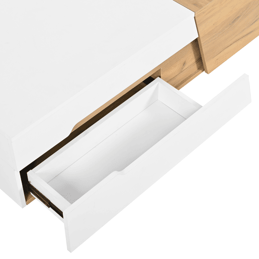 Mesa De Centro Moderna Com Gavetas Deslizantes E Compartimentos Ocultos, Design Contemporâneo Em Carvalho E Branco Brilhante. Ideal Para Sala De Estar Ou Escritório, Unindo Elegância, Praticidade E Grande Capacidade De Armazenamento