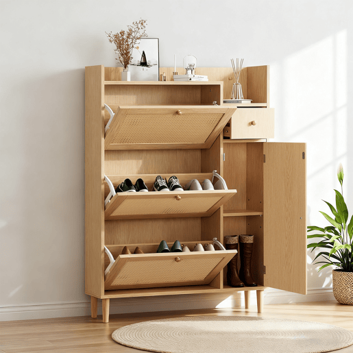 Sapateira Estilo Natural com Três Compartimentos Basculantes, Uma Gaveta e Uma Porta em Rattan Ventilado, Pés de Madeira Maciça. Design Escandinavo Elegante e Funcional, Ideal para Entrada, Quarto ou Corredor com Grande Capacidade.