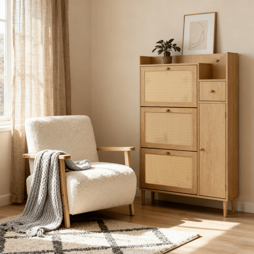 Sapateira Estilo Natural com Três Compartimentos Basculantes, Uma Gaveta e Uma Porta em Rattan Ventilado, Pés de Madeira Maciça. Design Escandinavo Elegante e Funcional, Ideal para Entrada, Quarto ou Corredor com Grande Capacidade.