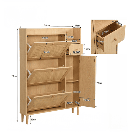 Sapateira Estilo Natural com Três Compartimentos Basculantes, Uma Gaveta e Uma Porta em Rattan Ventilado, Pés de Madeira Maciça. Design Escandinavo Elegante e Funcional, Ideal para Entrada, Quarto ou Corredor com Grande Capacidade.