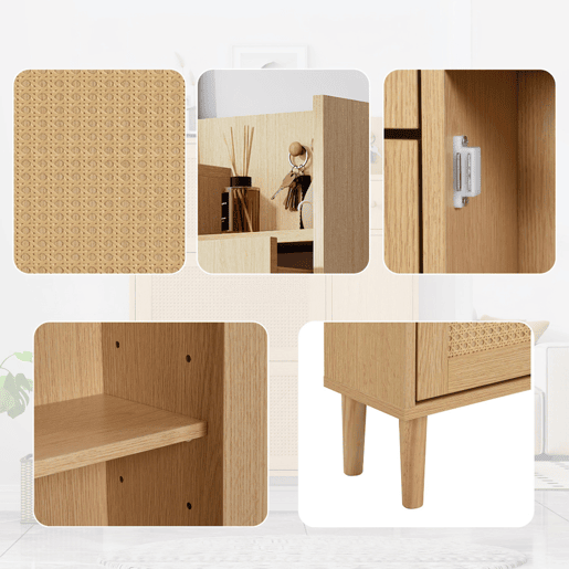 Sapateira Estilo Natural com Três Compartimentos Basculantes, Uma Gaveta e Uma Porta em Rattan Ventilado, Pés de Madeira Maciça. Design Escandinavo Elegante e Funcional, Ideal para Entrada, Quarto ou Corredor com Grande Capacidade.