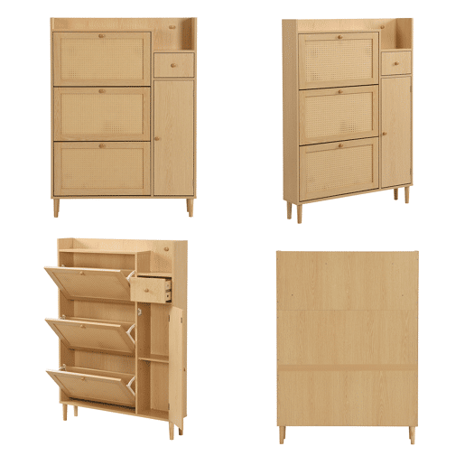 Sapateira Estilo Natural com Três Compartimentos Basculantes, Uma Gaveta e Uma Porta em Rattan Ventilado, Pés de Madeira Maciça. Design Escandinavo Elegante e Funcional, Ideal para Entrada, Quarto ou Corredor com Grande Capacidade.