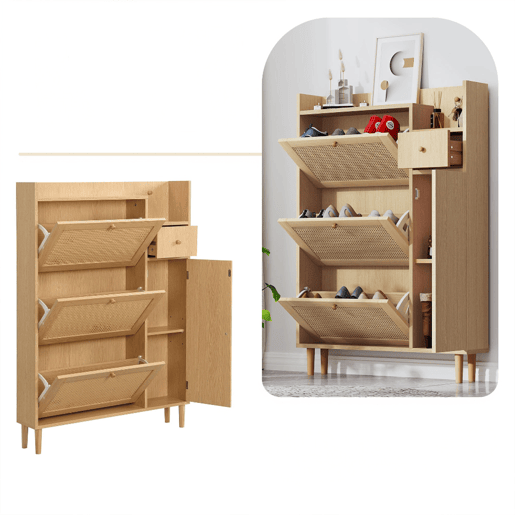 Sapateira Estilo Natural com Três Compartimentos Basculantes, Uma Gaveta e Uma Porta em Rattan Ventilado, Pés de Madeira Maciça. Design Escandinavo Elegante e Funcional, Ideal para Entrada, Quarto ou Corredor com Grande Capacidade.