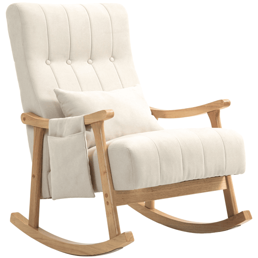Cadeira de Balanço Estofada em Tecido Bege com Estrutura em Madeira Natural, Estilo Escandinavo Moderno e Bolso Lateral Funcional. Perfeita para Sala, Quarto ou Área de Leitura. Confortável, Estável e Elegante