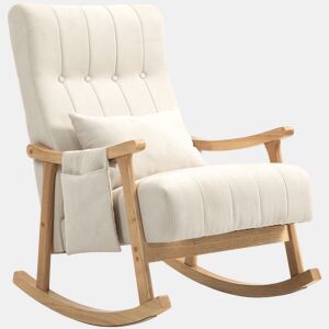 Cadeira de Balanço Estofada em Tecido Bege com Estrutura em Madeira Natural, Estilo Escandinavo Moderno e Bolso Lateral Funcional. Perfeita para Sala, Quarto ou Área de Leitura. Confortável, Estável e Elegante