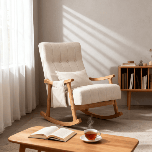 Cadeira de Balanço Estofada em Tecido Bege com Estrutura em Madeira Natural, Estilo Escandinavo Moderno e Bolso Lateral Funcional. Perfeita para Sala, Quarto ou Área de Leitura. Confortável, Estável e Elegante