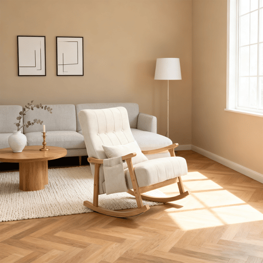 Cadeira de Balanço Estofada em Tecido Bege com Estrutura em Madeira Natural, Estilo Escandinavo Moderno e Bolso Lateral Funcional. Perfeita para Sala, Quarto ou Área de Leitura. Confortável, Estável e Elegante