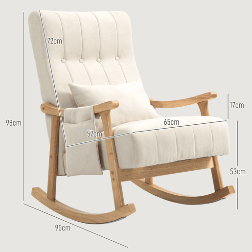 Cadeira de Balanço Estofada em Tecido Bege com Estrutura em Madeira Natural, Estilo Escandinavo Moderno e Bolso Lateral Funcional. Perfeita para Sala, Quarto ou Área de Leitura. Confortável, Estável e Elegante