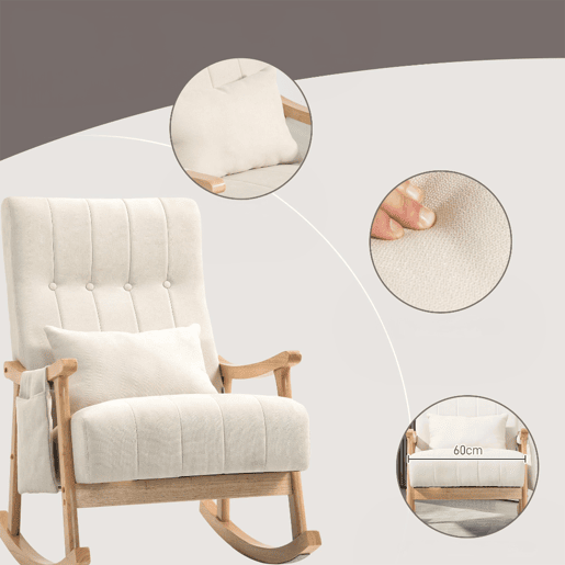 Cadeira de Balanço Estofada em Tecido Bege com Estrutura em Madeira Natural, Estilo Escandinavo Moderno e Bolso Lateral Funcional. Perfeita para Sala, Quarto ou Área de Leitura. Confortável, Estável e Elegante