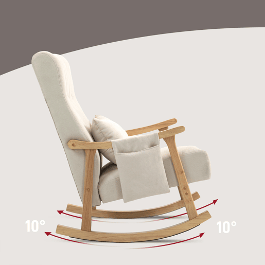 Cadeira de Balanço Estofada em Tecido Bege com Estrutura em Madeira Natural, Estilo Escandinavo Moderno e Bolso Lateral Funcional. Perfeita para Sala, Quarto ou Área de Leitura. Confortável, Estável e Elegante
