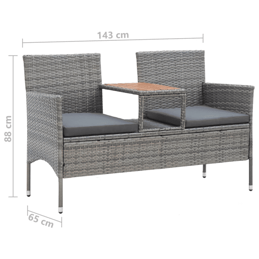 Banco de jardim, mobília de pátio externo, terraço de 2 lugares e mesa de chá 143 x 65 x 88 cm resina tecida cinza 02_0011310