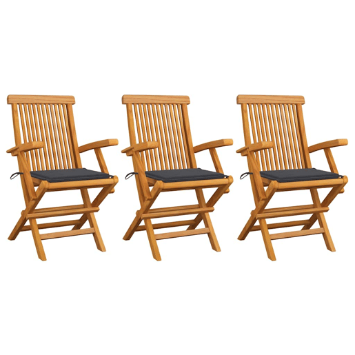 Cadeiras de jardim - Cadeiras de exterior c almofadões antracite 3 pcs teca maciça