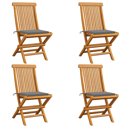 Cadeiras de jardim - Cadeiras de exterior c almofadões cinzentos 4 pcs teca maciça