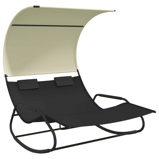 Espreguiçadeira espreguiçadeira espreguiçadeira cama de jardim terraço mobiliário de exterior de balanço duplo com toldo preto e creme 02_0012766