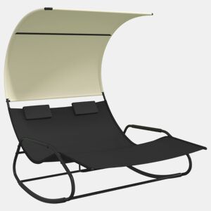 Espreguiçadeira espreguiçadeira espreguiçadeira cama de jardim terraço mobiliário de exterior de balanço duplo com toldo preto e creme 02_0012766