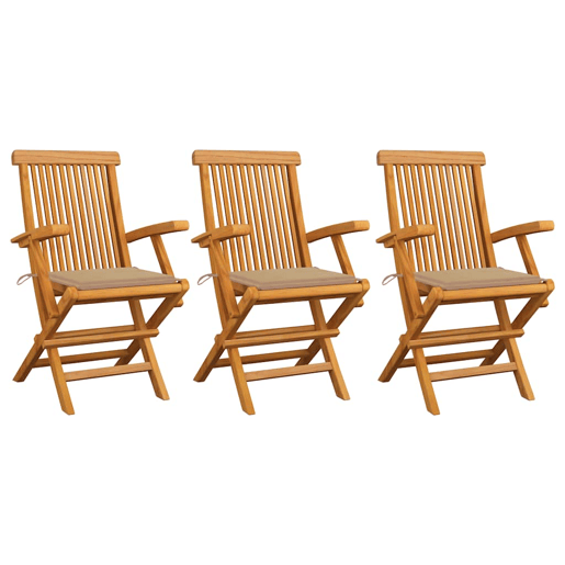 Cadeiras de jardim - Cadeiras de exterior c almofadões beges 3 pcs teca maciça