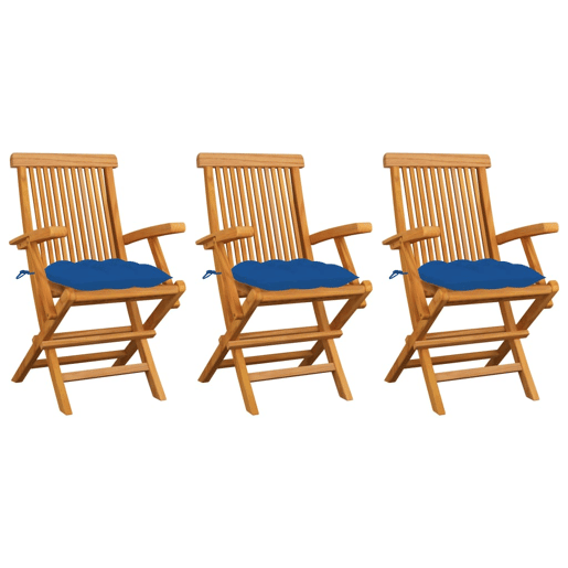 Cadeiras de jardim - Cadeiras de exterior c almofadões azuis 3 pcs teca maciça
