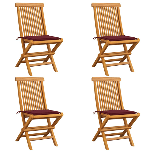 Cadeiras jardim - Cadeiras exterior c almofadões vermelho tinto 4 pcs teca maciça