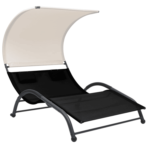 Espreguiçadeira espreguiçadeira para banhos de sol cama de jardim terraço mobiliário duplo de exterior com toldo de têxtil preto 02_0012722