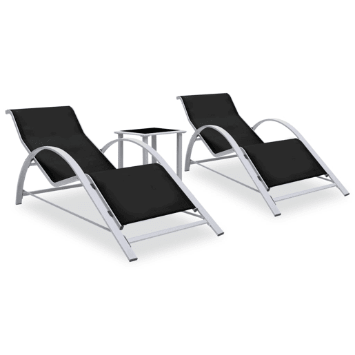 Conjunto de 2 espreguiçadeiras espreguiçadeira para banhos de sol jardim cama terraço móveis de exterior com mesa de alumínio preto 02_0012074