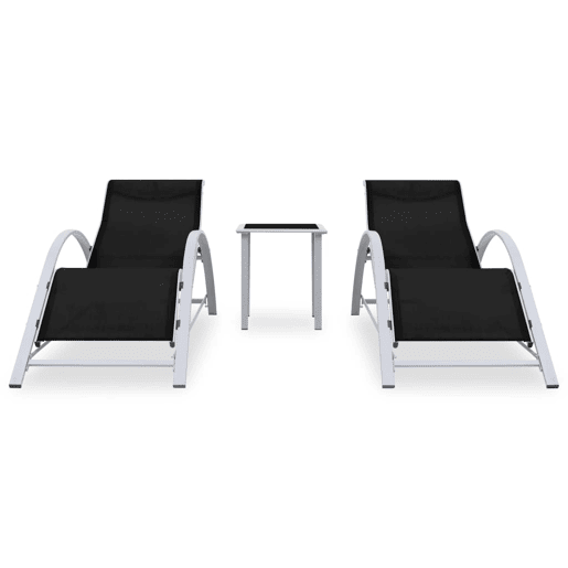 Conjunto de 2 espreguiçadeiras espreguiçadeira para banhos de sol jardim cama terraço móveis de exterior com mesa de alumínio preto 02_0012074